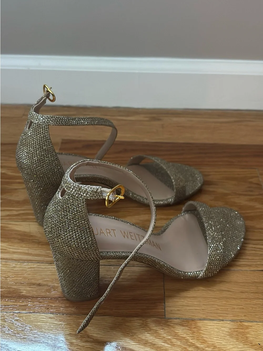Stuart Weitzman Gold Glitter Strappy Block Heel Sandals